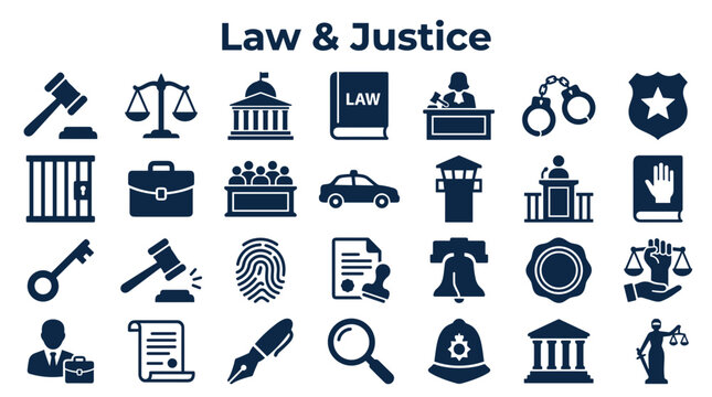 Law and justice concept icons representing legal proceedings and court system elements with a dark blue color palette on a white background