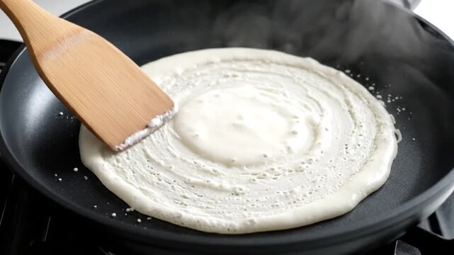 Cinematic top-down shot of white tapioca flour spreading evenly over a hot pan, forming a perfect circle, steaming texture, artisanal cooking, loop.