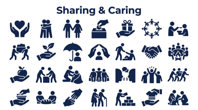 Sharing and caring concepts illustrated with diverse icons representing community support generosity teamwork and compassion in a simplified graphic style