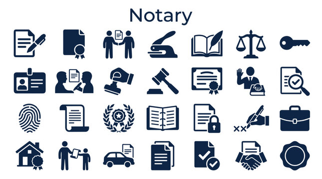 Collection of notary public icons representing legal services documents signing authentication and official certification for business and legal processes