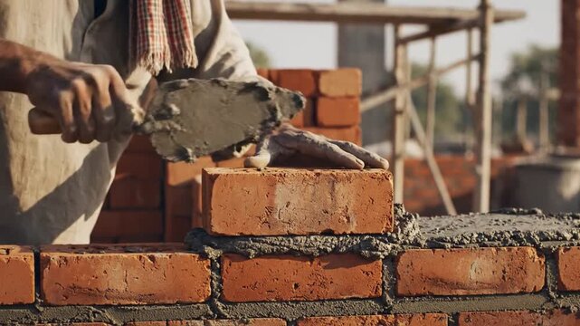 Skilled construction worker meticulously laying bricks with steady rhythm to build a new structure