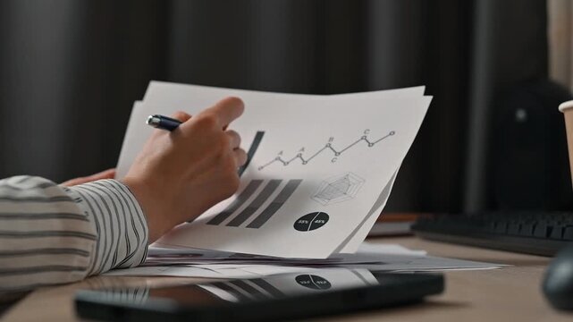 A person engages in reviewing various charts and graphs while seated at a desk. The individual examines printed documents closely, showcasing a focus on data analysis and interpretation