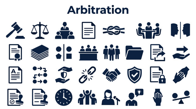 Arbitration concept icons representing legal agreement dispute resolution negotiation and justice with symbols of gavel scales document knot handshake and teamwork