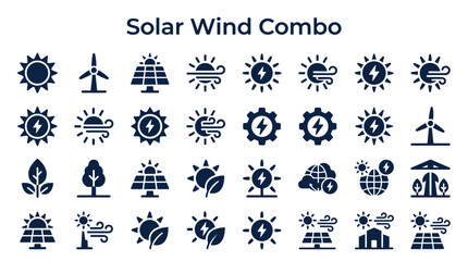 Solar and wind energy icons representing renewable power generation and sustainable technology solutions for a green future © Iconique Studio