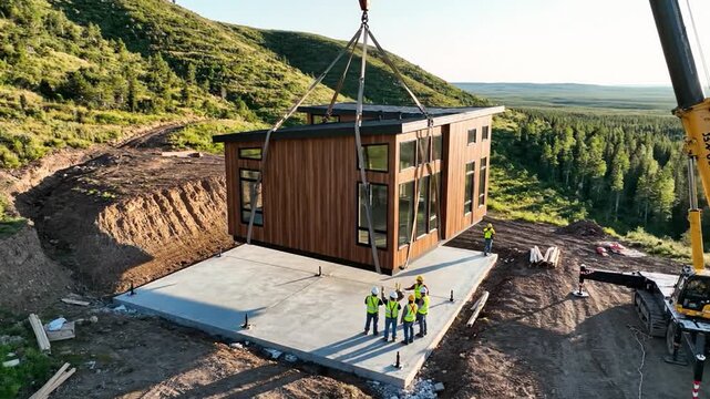 Modern prefabricated home being carefully lifted into place by a crane on a remote, concrete foundation on a wooded hillside.
