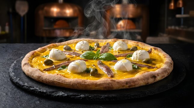 Gourmet Neapolitan pizza with yellow San Marzano tomato sauce, premium anchovy fillets, fresh burrata, and caper berries on dark slate, moody food photography