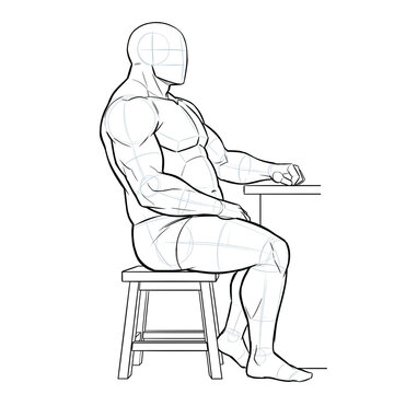 Hand drawn sketch of plus size male body base sitting at a table, slouched back in a relaxed pose side view isolated on white background. Black ink line art anime illustration.