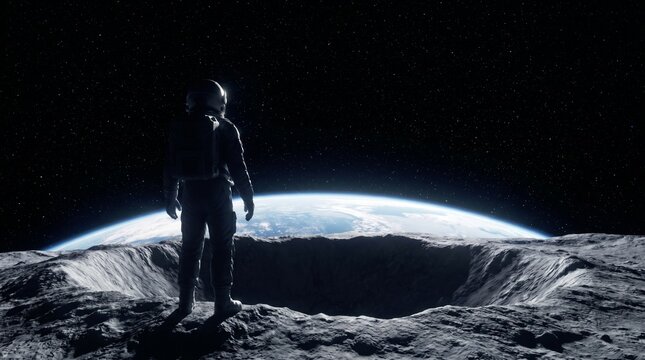 Astronaut standing on lunar surface views Earth rising over cratered terrain in space.