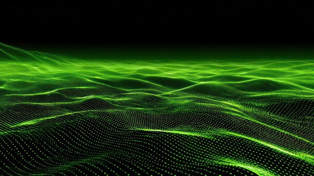 Fluorescent green digital terrain undulates across a dark abstract background plane