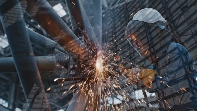 Skilled construction worker welding complex structural supports in an industrial facility, creating sparks and demonstrating precision in their work.