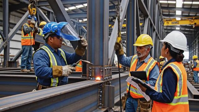 Skilled Construction Workers Assemble a Large Steel Frame Structure with Precision and Teamwork