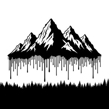 Black and white illustration of majestic mountains with a flowing effect