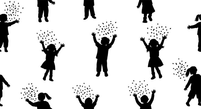 Joyful children throwing confetti in a seamless pattern