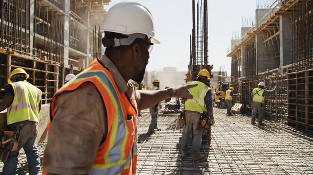 Construction workers in high-visibility vests move purposefully across a busy building site, ensuring project progress and safety.