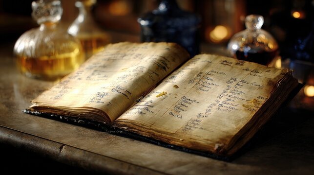 Ancient Open Book with Aged Pages and Handwritten Text