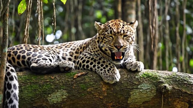 Majestic leopard with mouth agape resting on a thick tree branch amidst lush jungle foliage