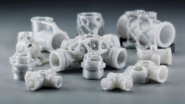 Dynamic medium shot of multiple geometries in 3D printed prototype fittings demonstrating diverse shapes and customization potential through advanced additive manufacturing