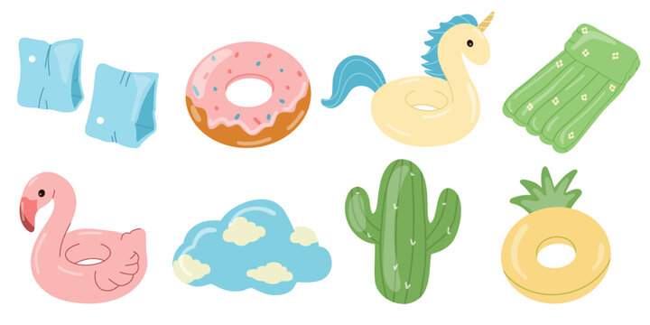 Inflatable Pool Floats Collection. Hand Drawn Cartoon Vector Summer Elements Set. Unicorn, Cloud, Flamingo, Cactus, Pineapple, Donut