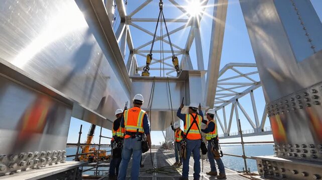 Construction workers with hard hats and safety vests assemble polished steel beams for a massive bridge project under bright sunlight