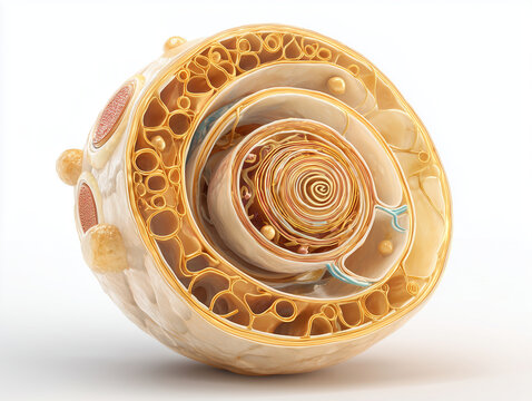 Human cochlea inner ear anatomy illustration showing 3D spiral cochlear architecture with auditory sensory cells organ of Corti and inner ear cellular organization in warm amber gold tones on white ba