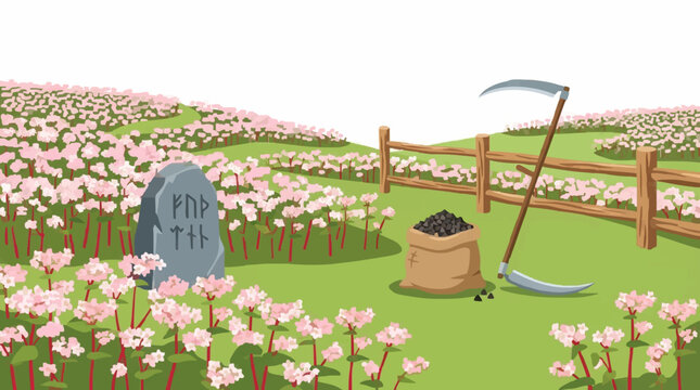 Rune Stone Garden Fence Scythe Vector Illustration Flat Design