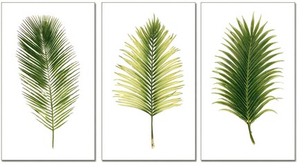 Obraz premium Three tropical palm fronds are displayed vertically in a matching botanical triptych format