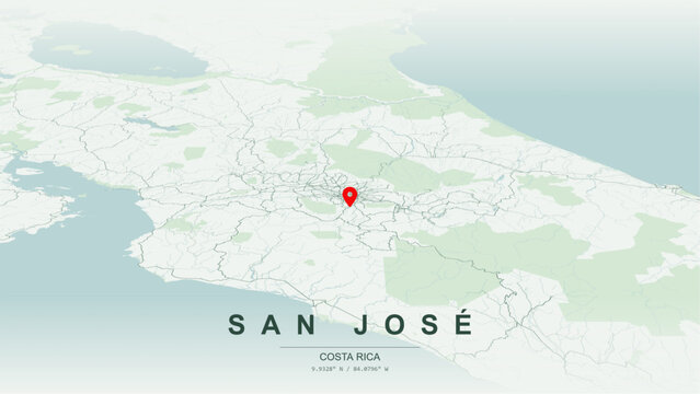 Modern minimalist vector map of San Jose, Costa Rica. High-quality scalable illustration of San Jose city grid, Rio Torres waterfront axis for posters and design.