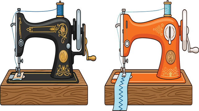 Vintage Antique Sewing Machines Illustration &mdash; Black and Orange Classic Hand Crank Models with Decorative Ornaments