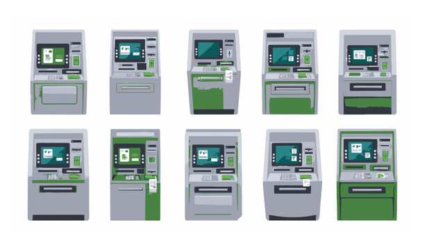 Modern ATM Machine Vector Illustration Set Isolated on White Background for Banking and Finance