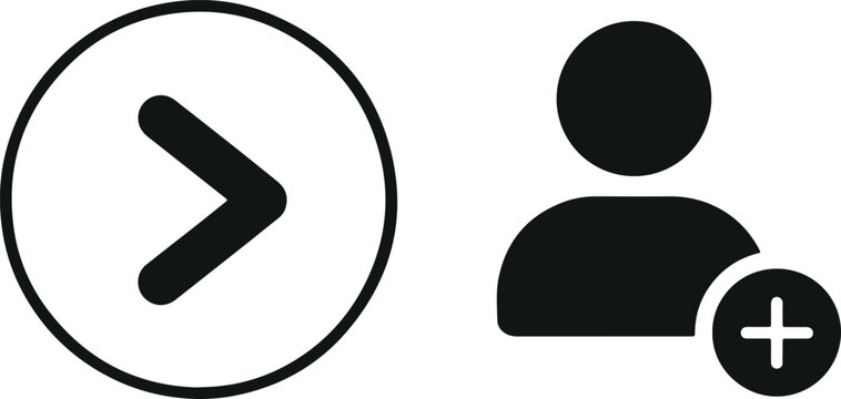 Next arrow button and add user icon vector set with navigation symbol and profile add sign isolated on light background
