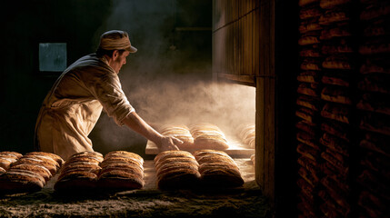 Fototapeta premium A bakery worker pulling fresh loaves from a massive oven at 4am, flour dust in warm light, darkness visible through small window
