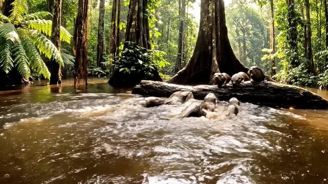 Giant Otters Playing Together in a Flooded Amazonian Rainforest River