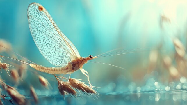 Delicate Mayfly Insect with Gossamer Wings Perched on a Blade of Grass in Soft Sunlight