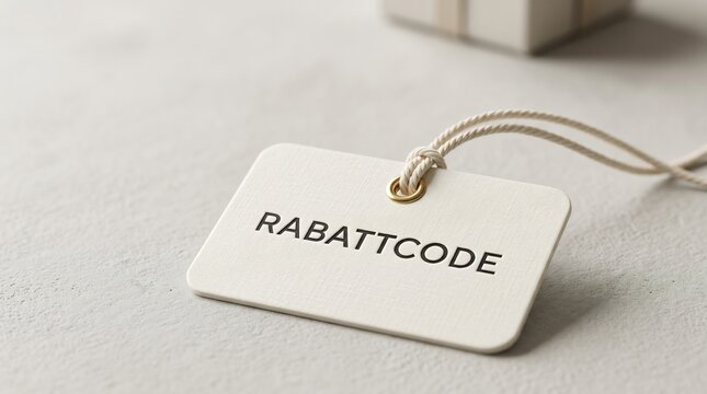 Minimalist gift tag with rabattcode text featuring a textured surface and elegant string on a light neutral background