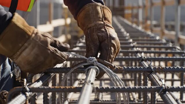 Skilled construction worker's hands expertly tying rebar for building reinforcement