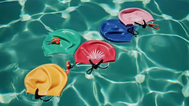Colorful silicone swimming caps floating on blue water surface. Gear for competition and triathlon training. Equipment for healthy lifestyle and aquatic workout.