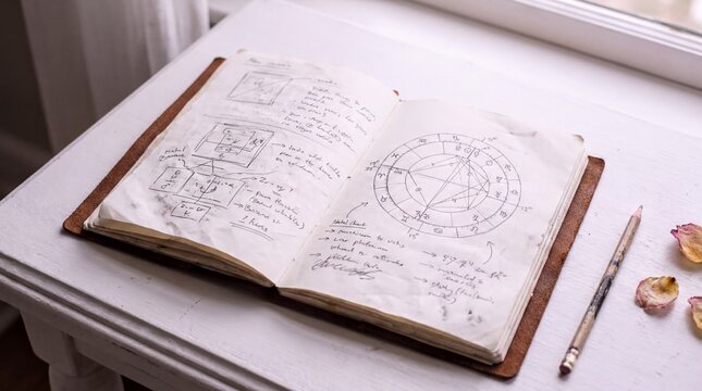 Overhead View of Notebook Featuring Handwritten Natal Chart Notes