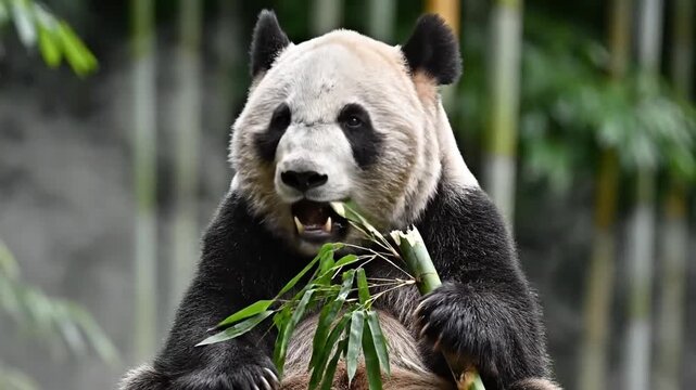 Giant Panda Eating Bamboo in a Misty Mountain Forest Landscape