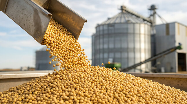 Abundant soybeans being unloaded from a chute into a storage facility, signifying agricultural harvest and supply chain