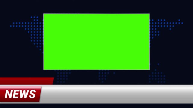 Animated broadcast news template with chroma placeholder, lower third graphics and dotted world map background. Professional television overlay for media production.