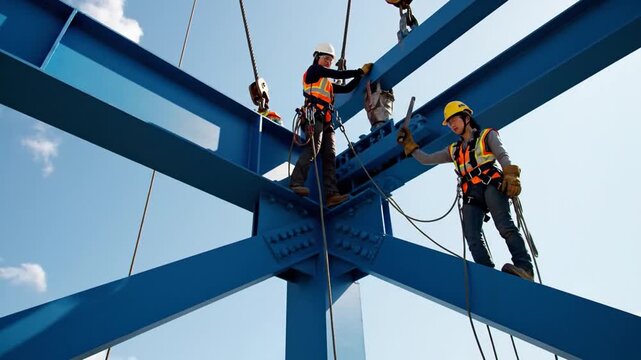 Skilled construction workers in safety harnesses assembling massive blue steel girders high above ground against a clear sky