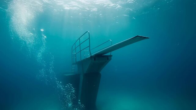 Diving board seen from underwater in swimming pool. Rippling water surface and rising bubbles during sports training. Blue aquatic environment for competition.