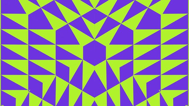 Vibrant purple and green geometric pattern illustration with triangular shapes and symmetry