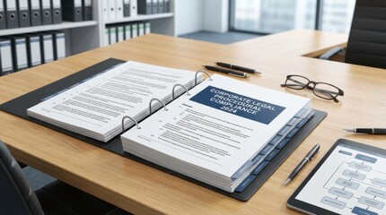 Obraz premium Modern office desk with documents and glasses for planning and productivity.