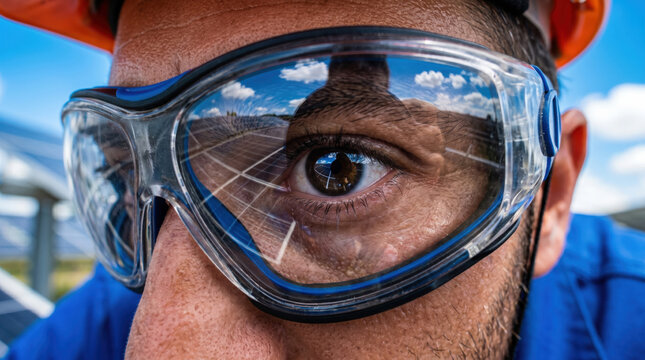 Solar panel worker safety goggle eye reflection renewable energy Solar panel technician wearing safety goggle, closeup eye with photovoltaic reflection outdoor solar farm, clean energy industry