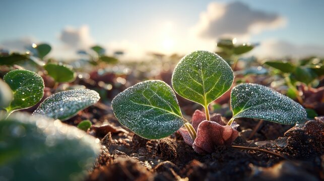 Young, dewy sprouts emerge from dark soil under bright morning sunlight