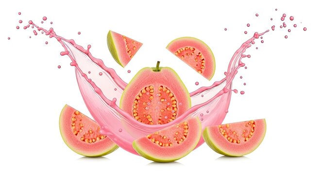 Sliced guava fruit splashes into a pink liquid against a white background. The guava slices and splashes create a dynamic and refreshing visual.