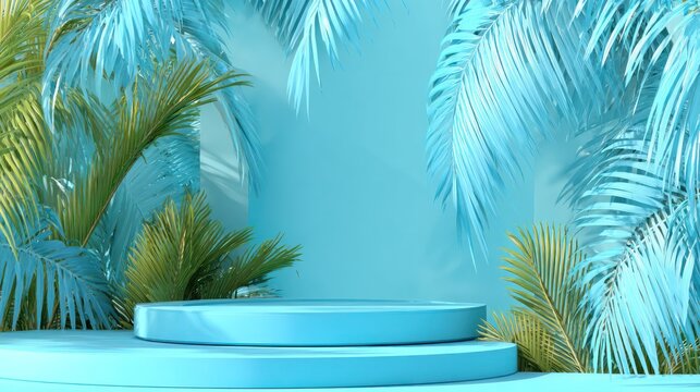 Cylindrical podium display surrounded by vibrant tropical foliage against a light blue backdrop