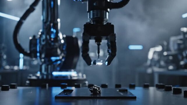 Robotic arms in a futuristic factory environment with advanced technology.