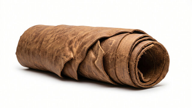 Rolled Brown Raw Leather Hide Isolated on White Background